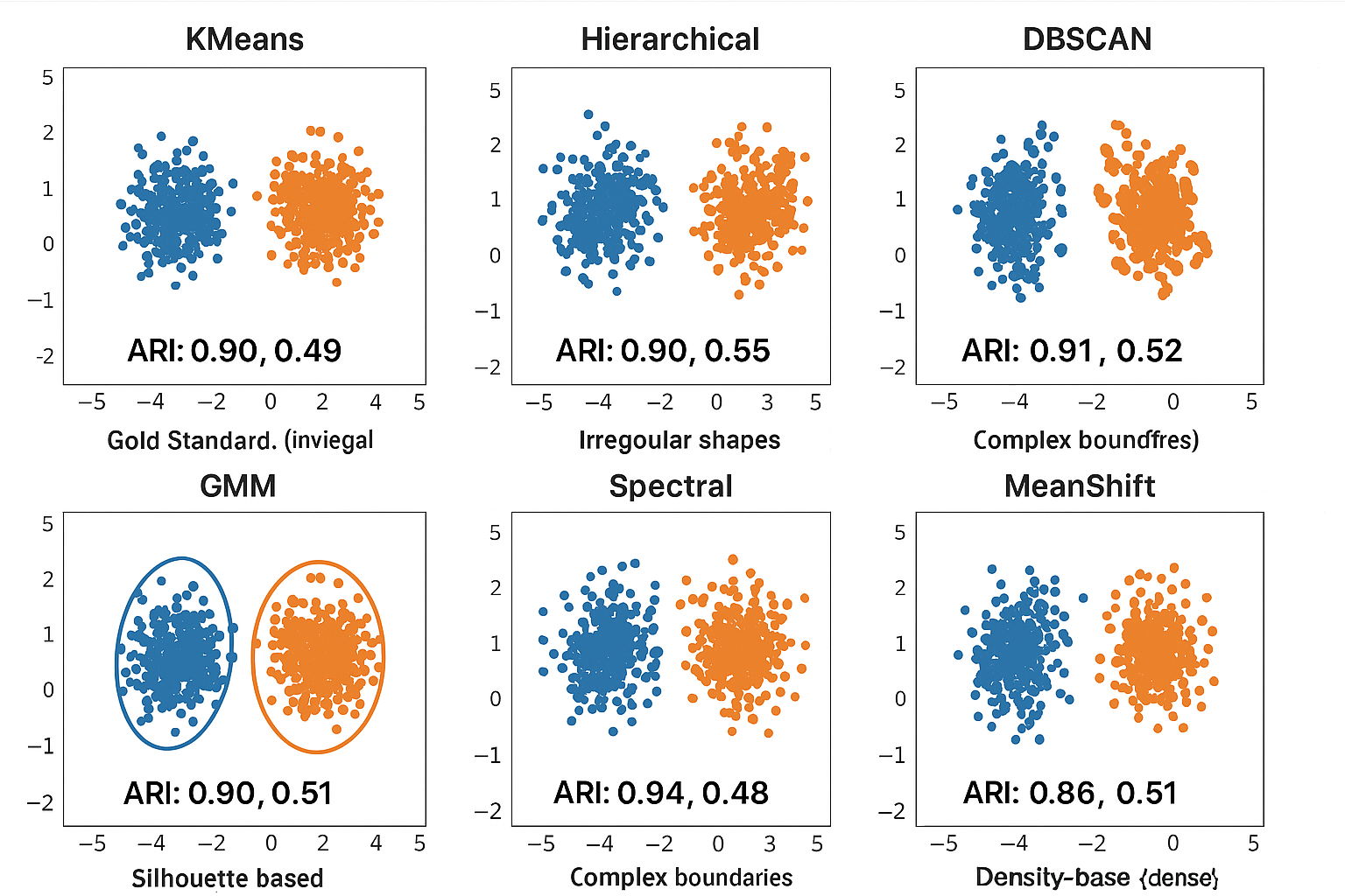 A 2x3 grid showing the same dataset clustered by different algorithms: K-means (spherical clusters), Hierarchical (dendrogram-based), DBSCAN (irregular shapes), GMM (elliptical), Spectral (complex boundaries), and Mean Shift (density-based). Each subplot shows the algorithm name, clustering result with different colors, and evaluation metrics below.