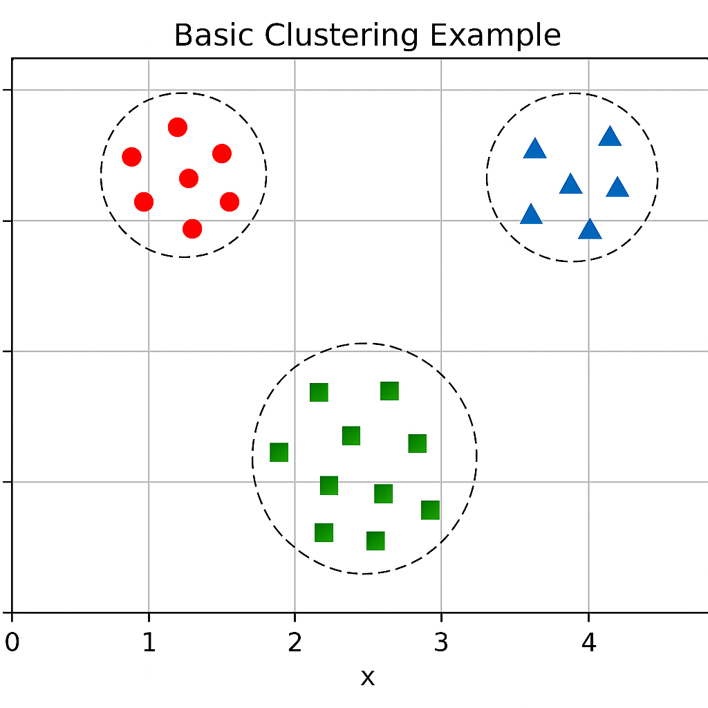 A 2D scatter plot showing 30 data points in three natural groups. The first group (red circles) is located in the upper-left quadrant, the second group (blue triangles) in the upper-right, and the third group (green squares) in the lower-center. Each group contains roughly 10 points clustered closely together with clear separation between groups. Dashed circles outline each cluster boundary.