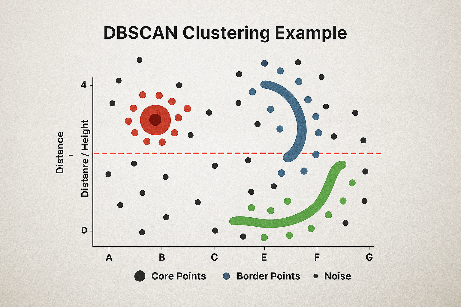 A 2D scatter plot showing DBSCAN results with irregularly shaped clusters. Three distinct regions: (1) dense circular cluster in red, (2) crescent-shaped cluster in blue, (3) elongated cluster in green. Black dots represent noise points. Larger dots indicate core points, medium dots are border points, small dots are noise.