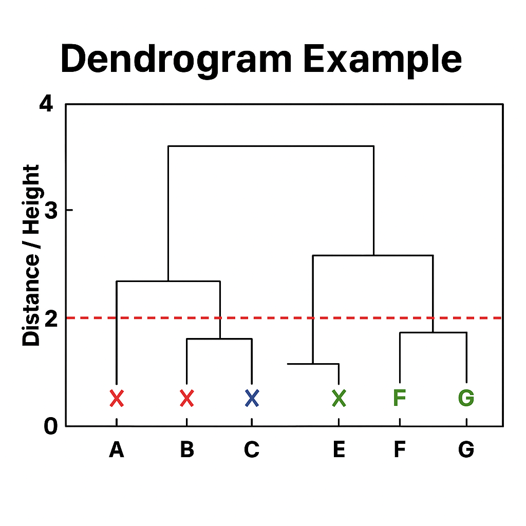 A hierarchical tree diagram (dendrogram) showing the merging process of 8 data points labeled A through H. The y-axis shows distance/height from 0 to 4. Branches merge at different heights indicating when clusters were combined. Three main clusters are visible when cut at height 2.5, shown with a red dashed horizontal line.