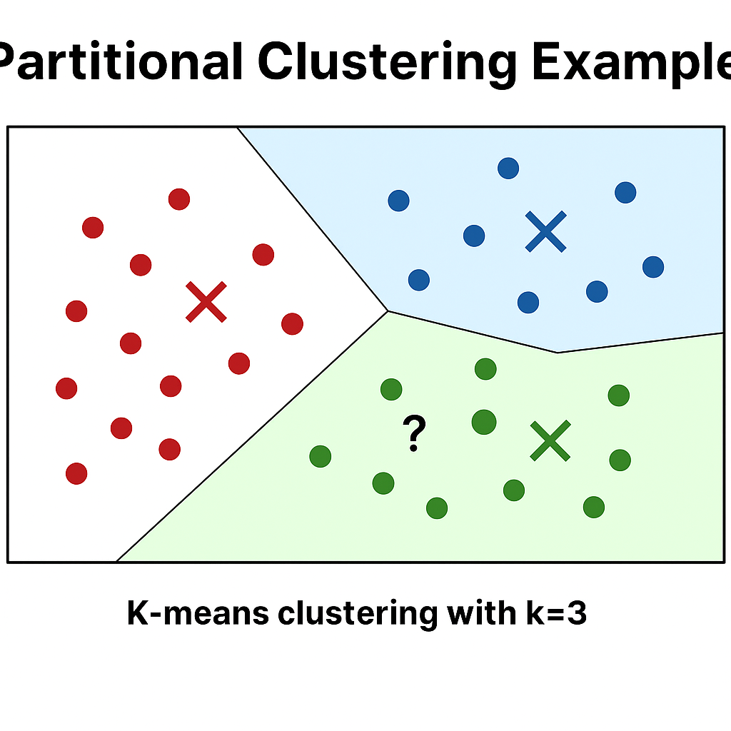 A 2D plot showing K-means clustering with k=3. Data points are colored according to their cluster assignment (red, blue, green). Three large X marks indicate cluster centroids. Voronoi diagram boundaries show the decision regions for each cluster. Points clearly belong to one cluster each with no overlap.