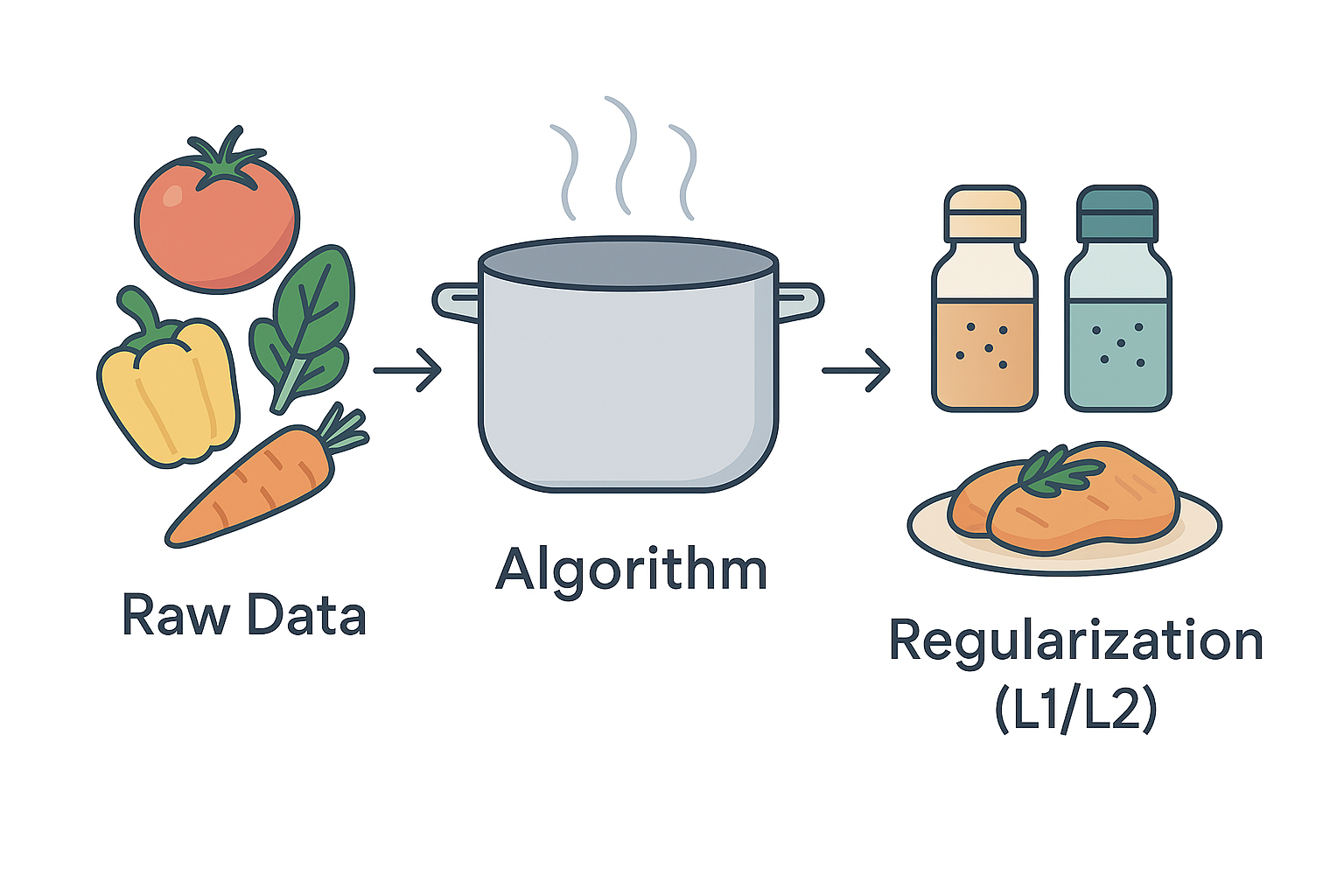 Cooking metaphor illustration showing ingredients as data, methods as algorithms, and seasoning as regularization