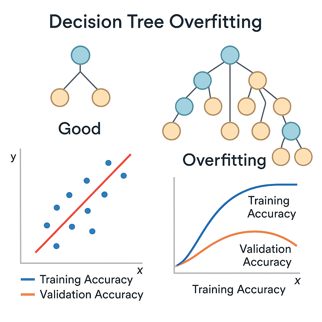 Decision tree visualization showing overfitting with complex branches and poor generalization