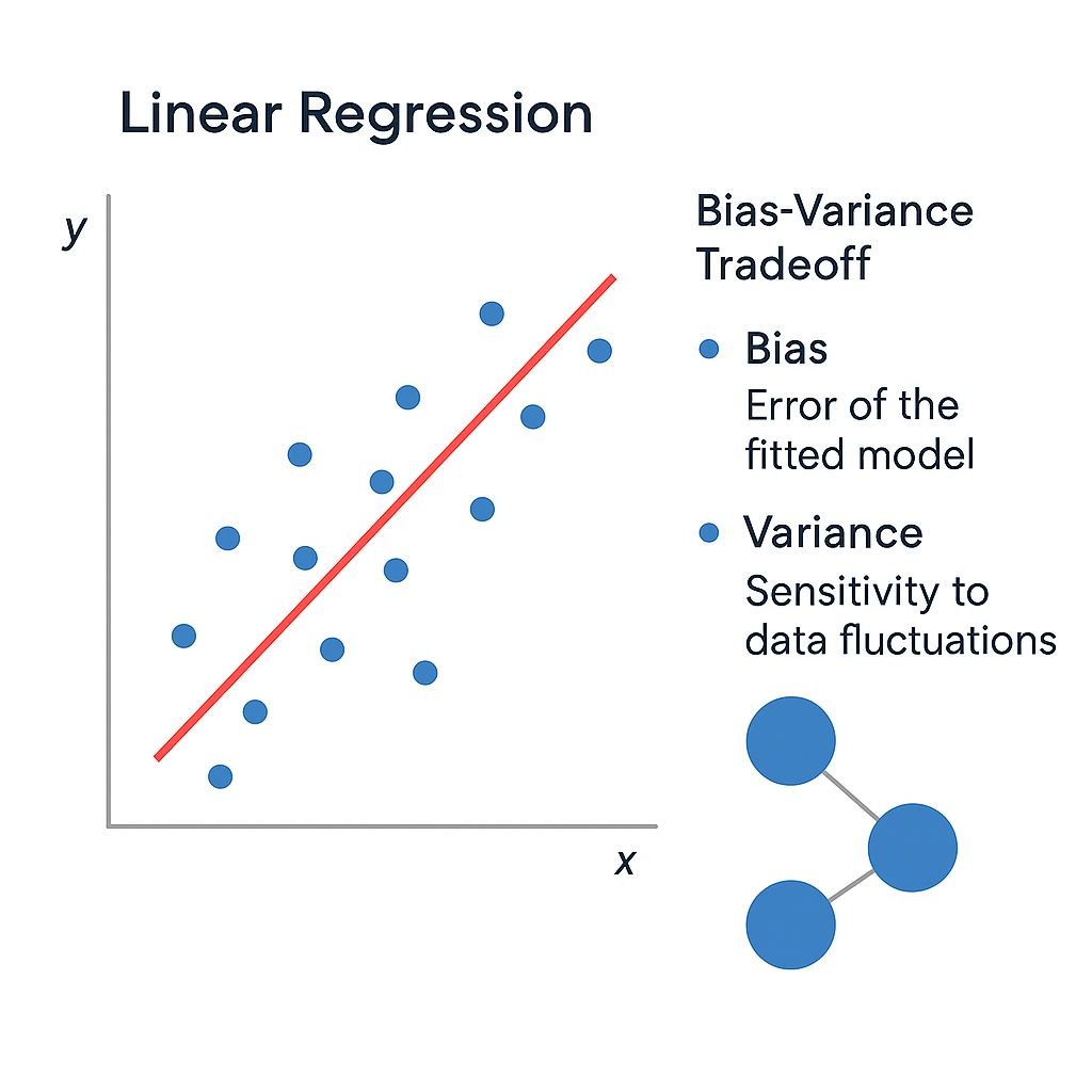 Linear regression visualization showing data points and fitted line with bias-variance tradeoff
