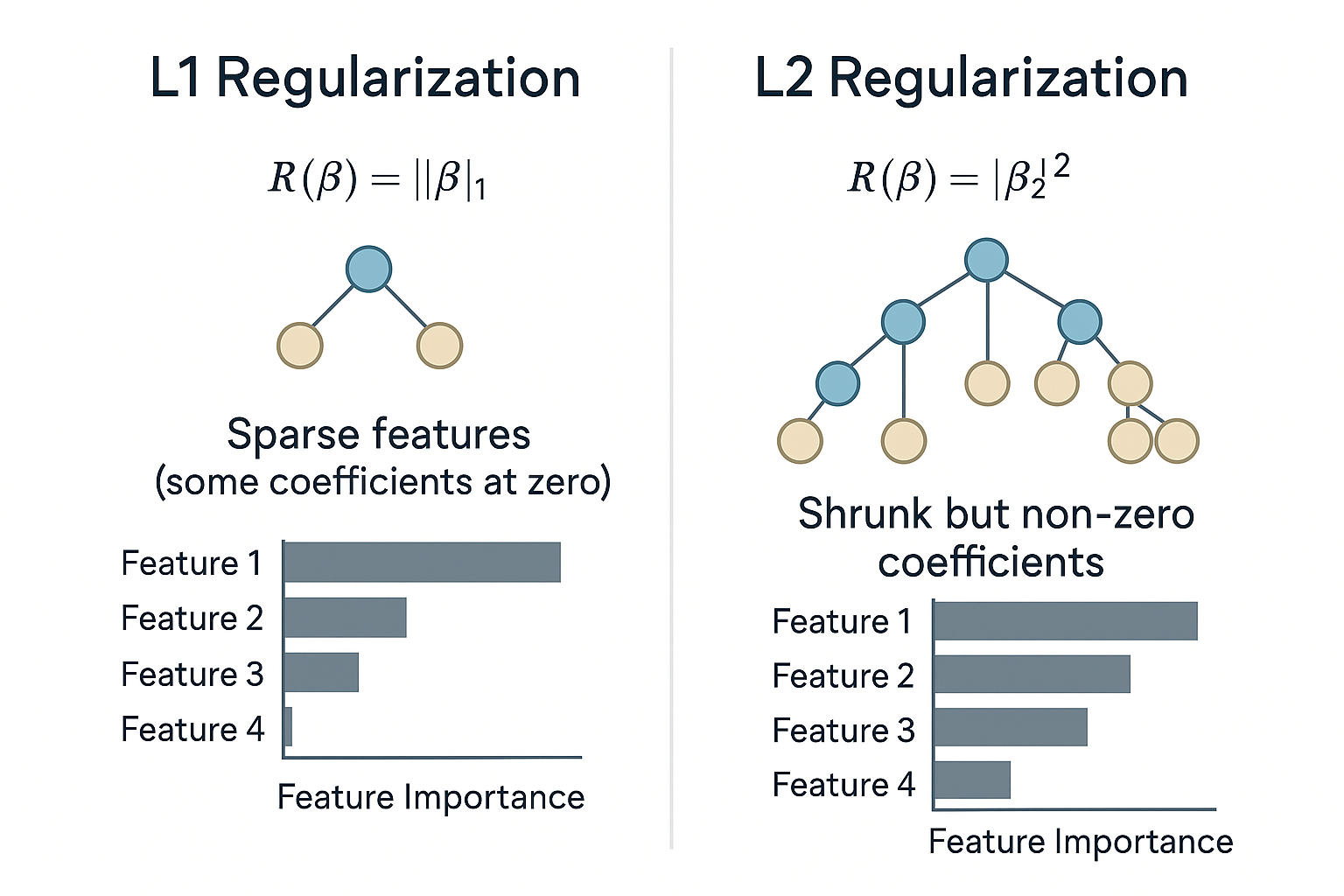Side-by-side comparison of L1 and L2 regularization effects on feature selection